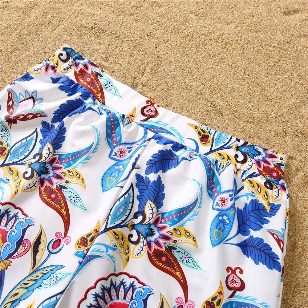 Family Matching Ruffles Blue Printed Swimwear