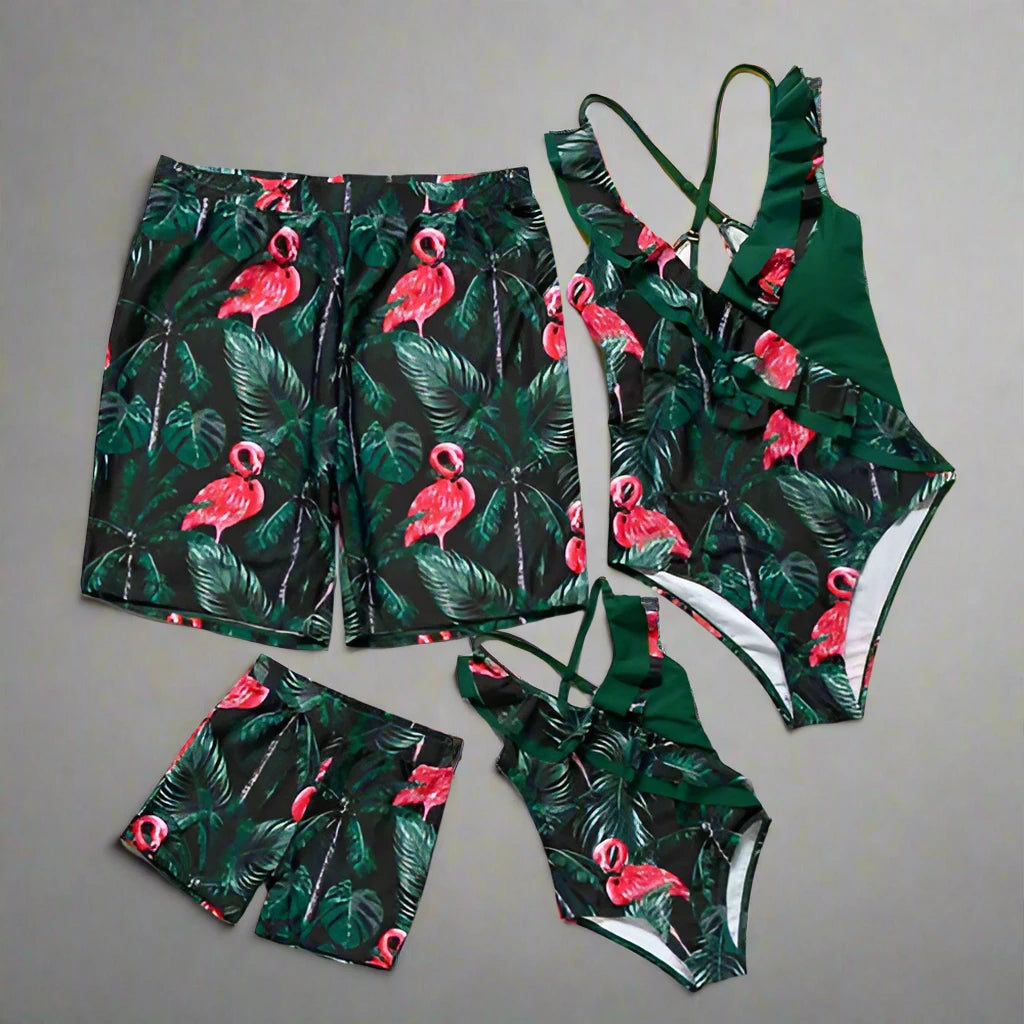 Family Matching Flamingo Leave Print Swimsuits