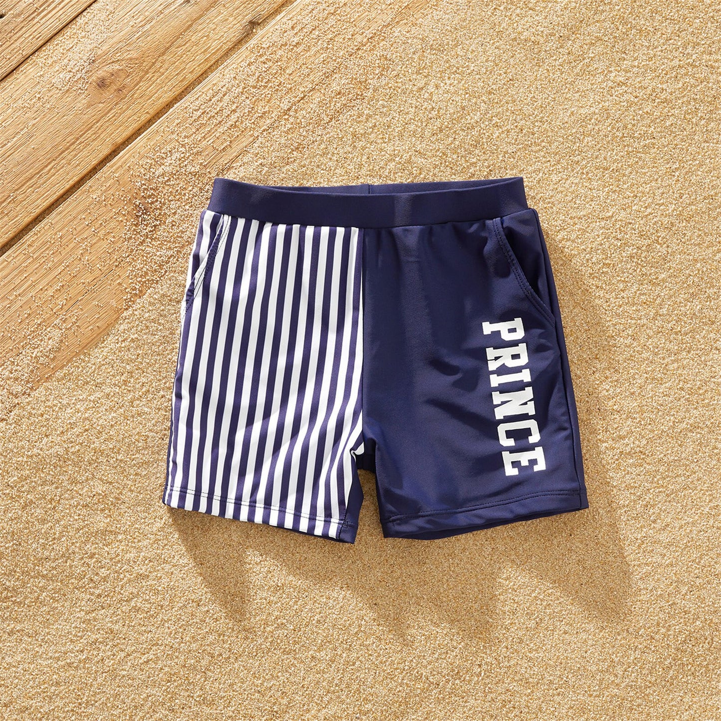 Family Matching Letter Print Splicing Striped Swimwear
