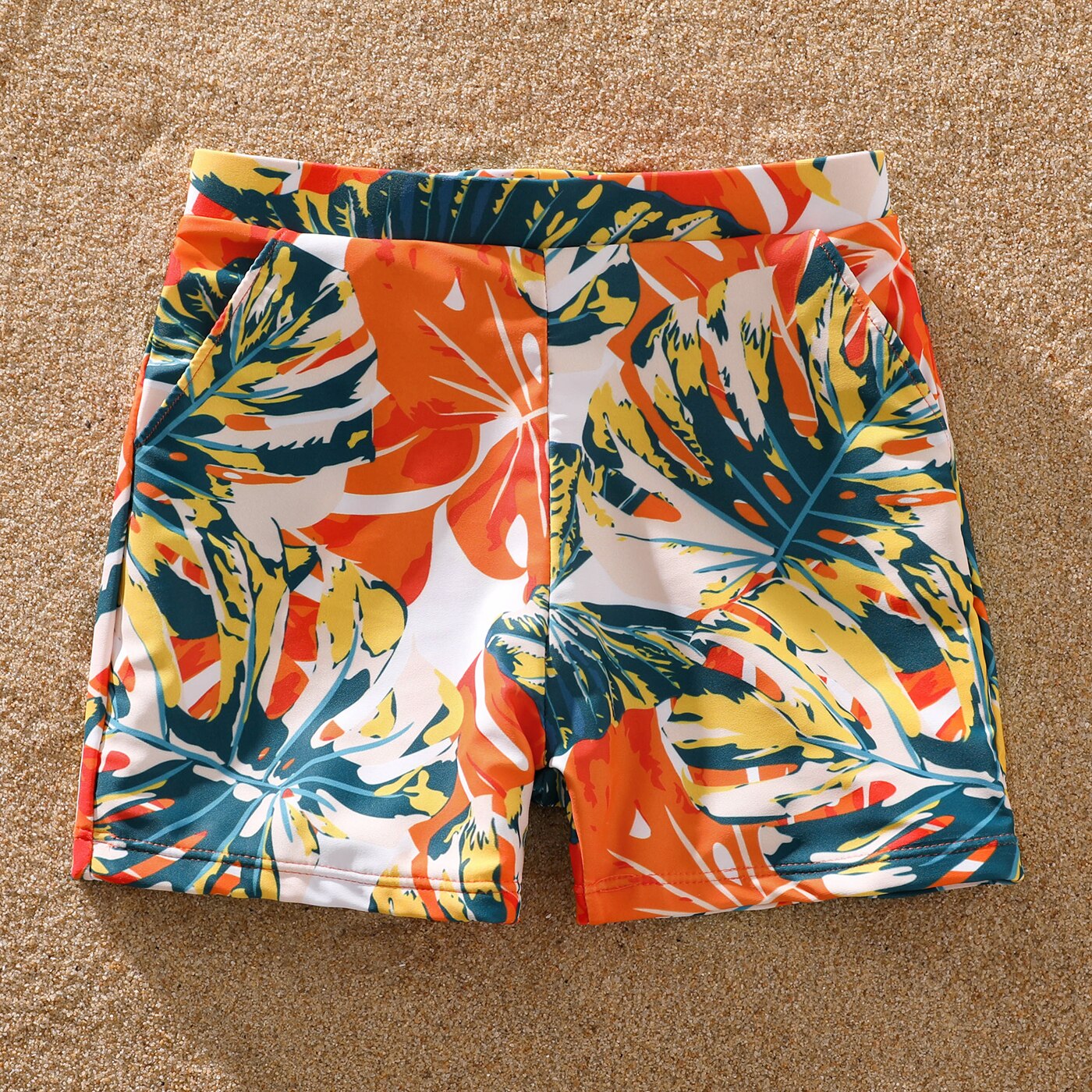 Family Matching Orange And All Over Tropical Plant Print Swimwear