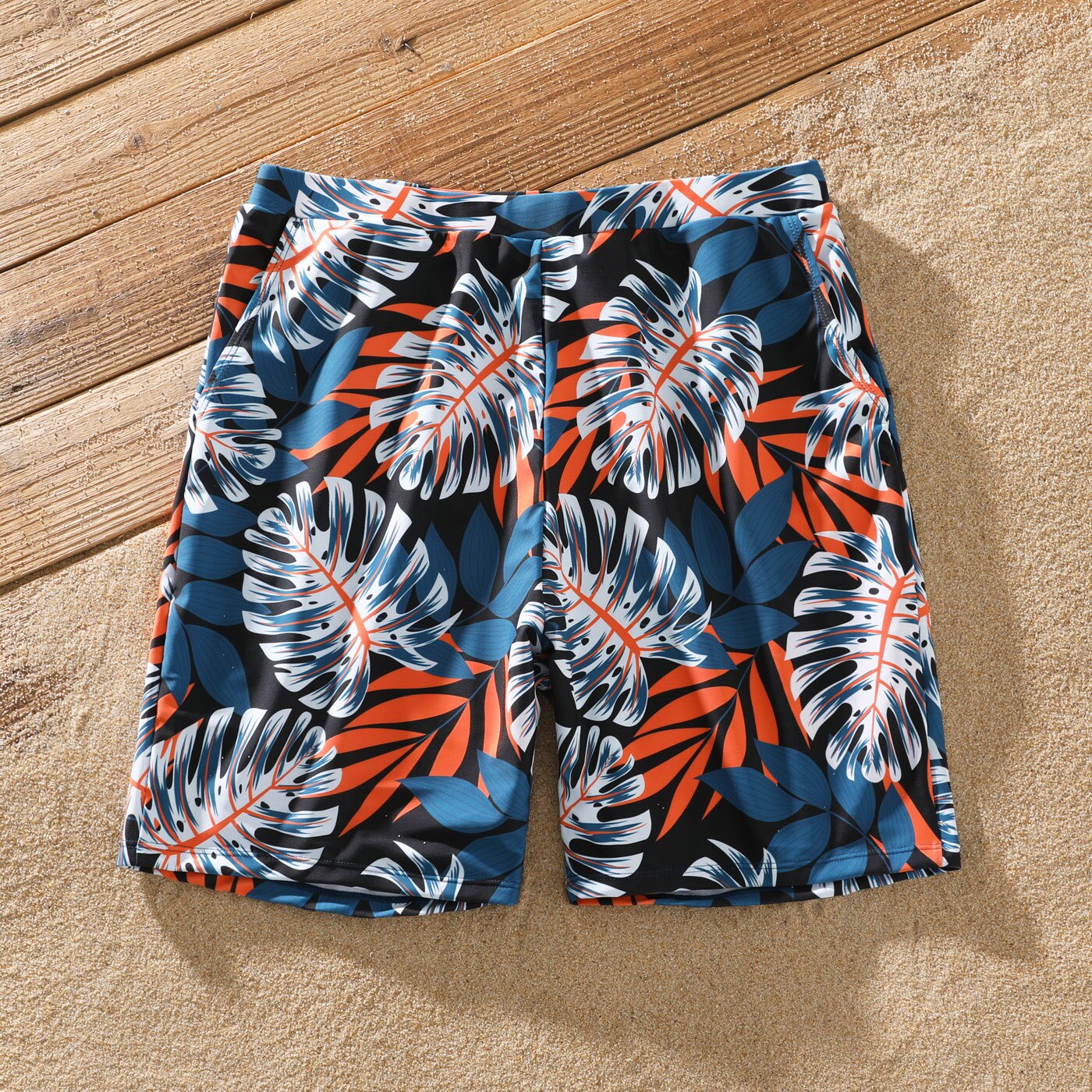 Family Matching Solid Splicing Palm Leaf Print Swimwear