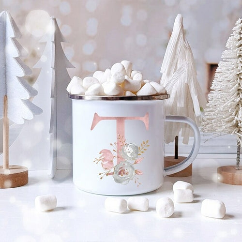 Pink Letter Flowers Enamel Mugs