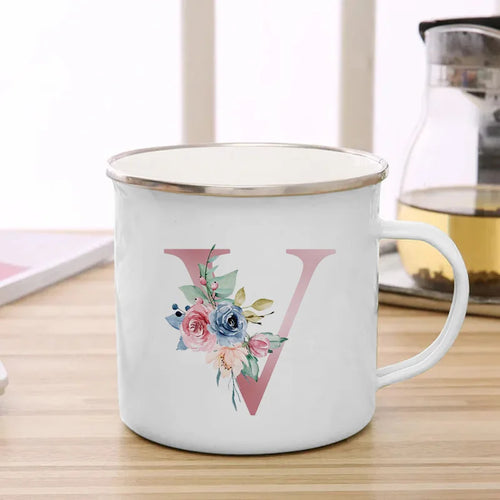 Initials Pink Letter Flowers Print Enamel Mug