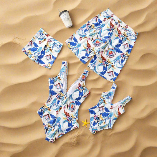 Family Matching Ruffles Blue Printed Swimwear