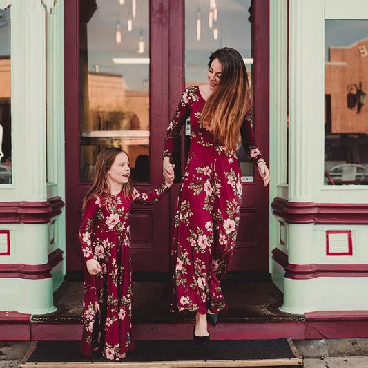 Mama And Daughter Wine Floral Dresses