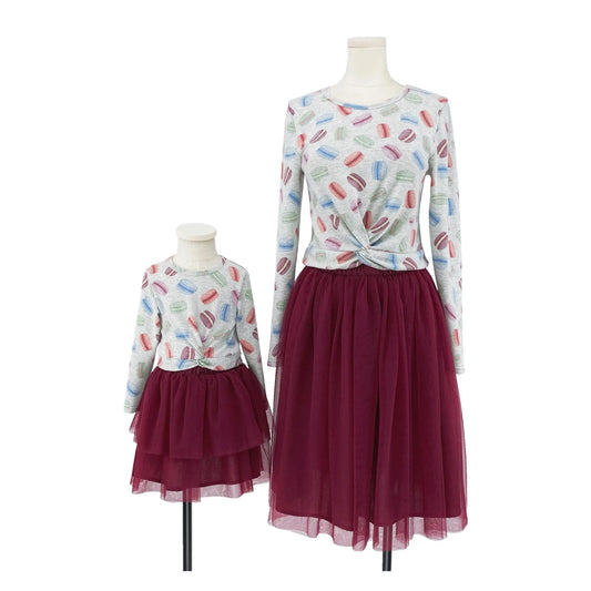 Mother Daughter Macaron Printing Cute Blous/Mesh Skirt