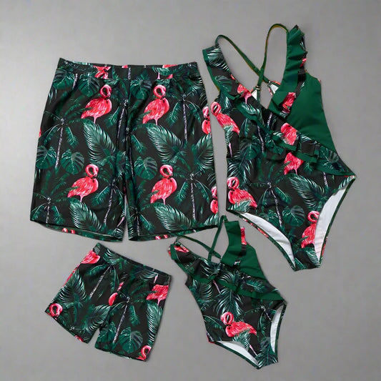 Family Matching Flamingo Leave Print Swimsuits
