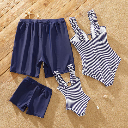 Family Matching Letter Print Splicing Striped Swimwear