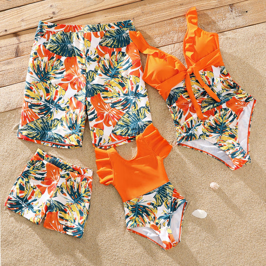Family Matching Orange And All Over Tropical Plant Print Swimwear