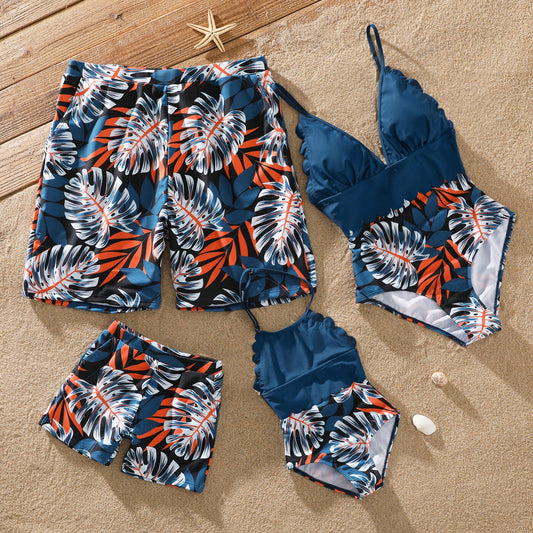 Family Matching Solid Splicing Palm Leaf Print Swimwear