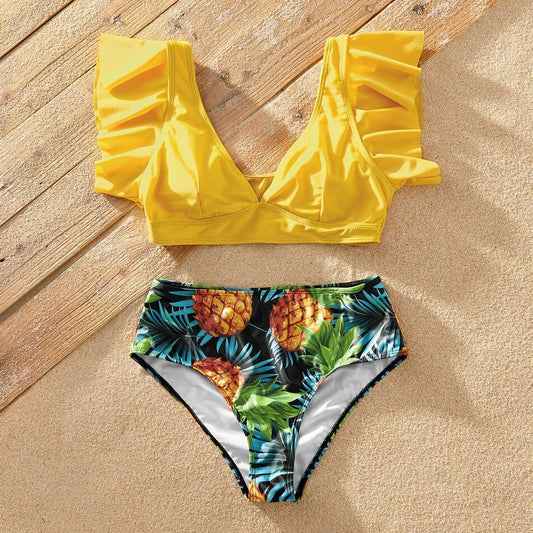 Family Matching Pineapple Full Print Ruffle Sleeve Swimsuits