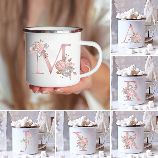 Pink Letter Flowers Enamel Mugs
