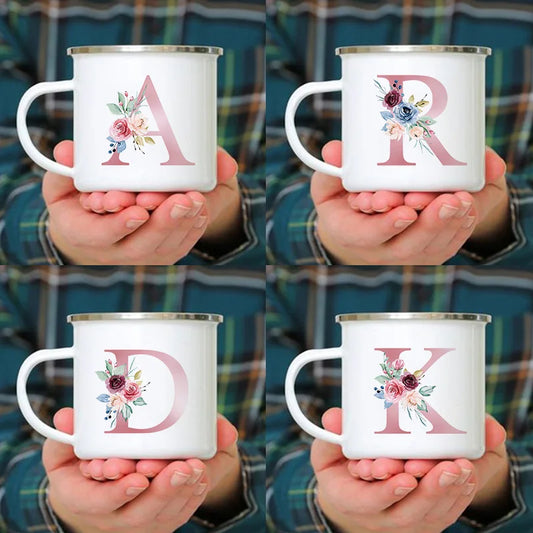 Initials Pink Letter Flowers Print Enamel Mug