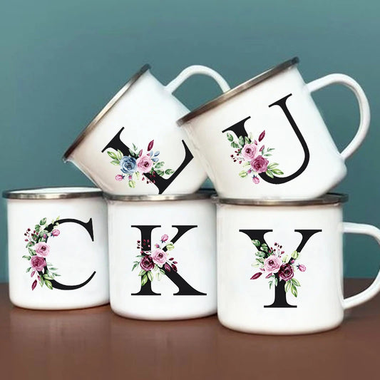 Letter Floral Print Enamel Mugs