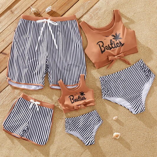 Family Matching Vertical Stripe Drawstring Swimwear