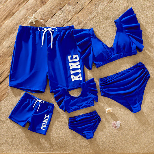Family Matching Blue Ruffle Trim Two-piece Swimsuits