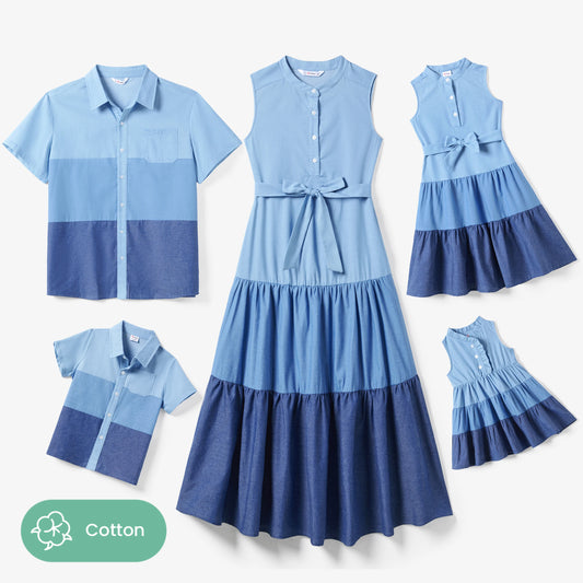Family Matching Colorblock Shirt and Tiered A-line Pleated Dress