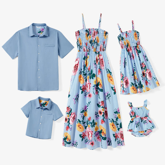 Family Matching Sets Denim Blue Short-Sleeve Shirt and Floral