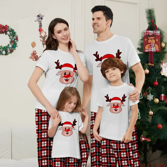 Family Matching Cartoon Elk Check Print Pajamas