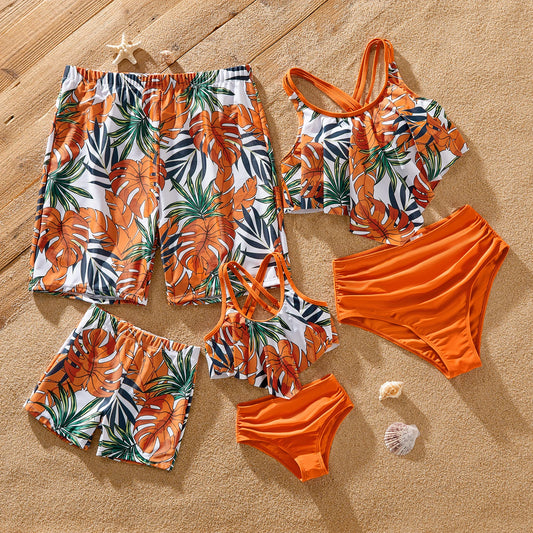 Family Matching Tropical Plant Print Swimsuit