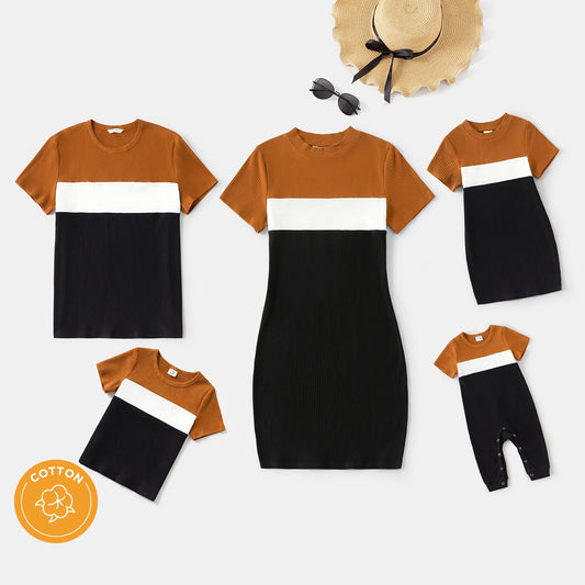Family Matching Outfits Cotton Short-sleeve Colorblock Rib Knit