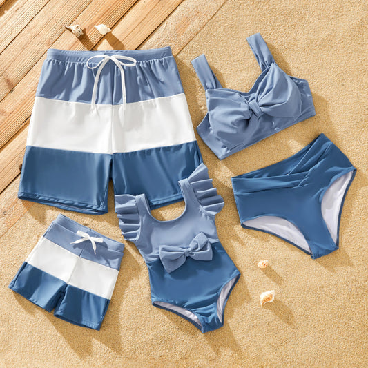 Family Matching Color Block Drawstring Swimwear