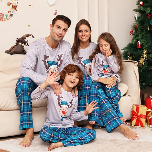 Family Matching Xmas New Year Elk Plaid Printed Pajamas