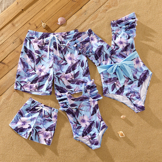 Family Matching Blue and Purple Floral Swimwear