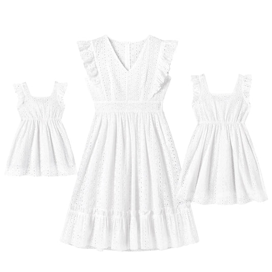 Family Matching White Hollow-Out Floral Dress