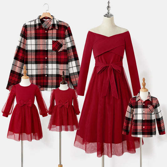 Family Matching Plaid Shirt Tops Red Mesh Dresses