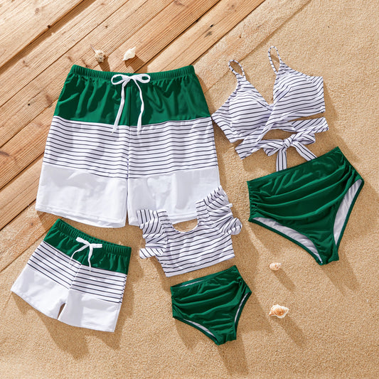 Family Matching Color Block Drawstring Swimwear
