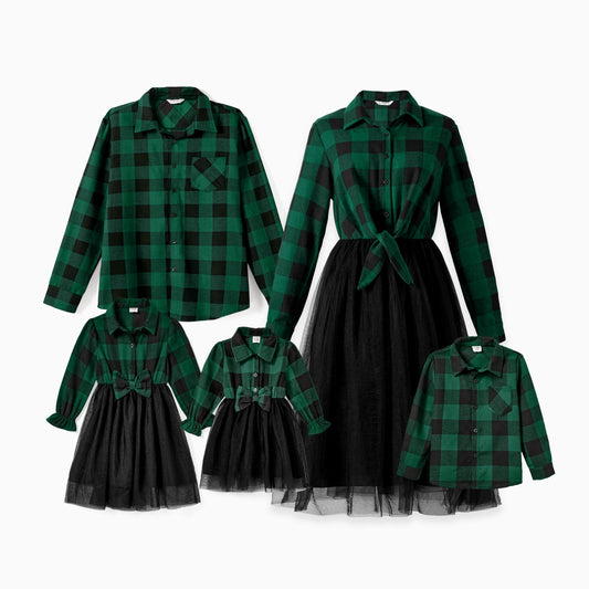 Family Matching Green Plaid Long Sleeves Dresses